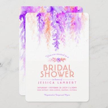 Watercolor purple orange bridal shower invites