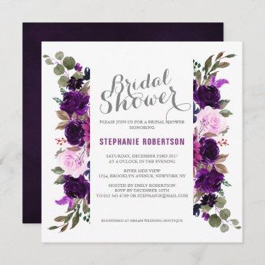Watercolor Purple Plum Floral Boho Bridal Shower Invitations