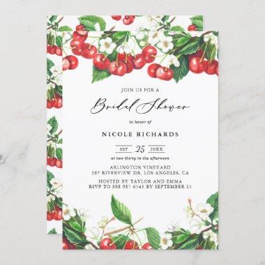 Watercolor Red Cherries Garland Bridal Shower Invitations