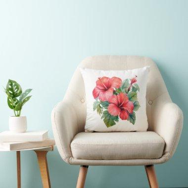 Watercolor Red Hibiscus Tropical Floral Greenery Throw Pillow