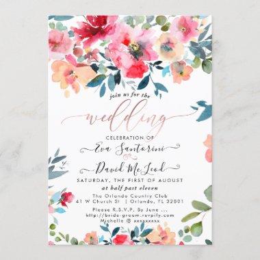 Watercolor Red Ombre Garden Roses Wedding Invitations