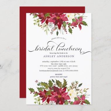 Watercolor Red Poinsettia Bridal Shower Luncheon Invitations