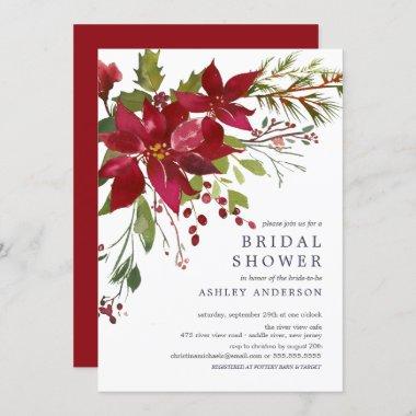 Watercolor Red Poinsettia Holly Bridal Shower Invitations