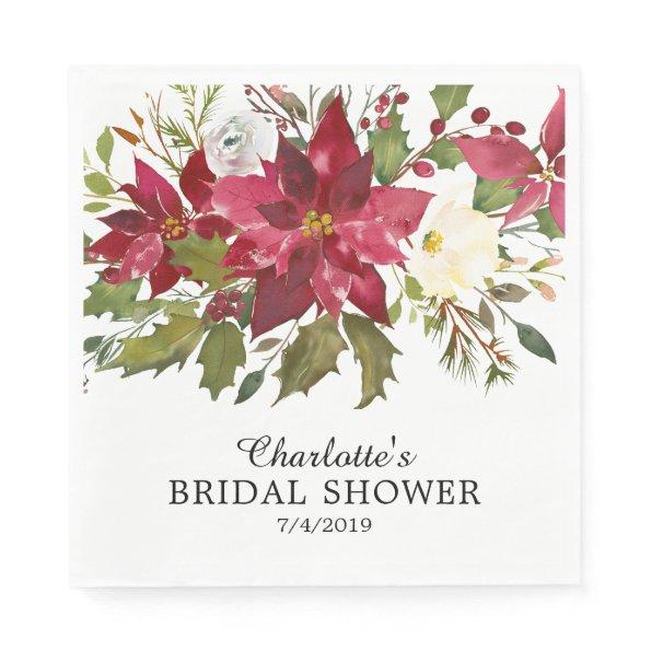 Watercolor Red Poinsettia Holly Bridal Shower Napkins