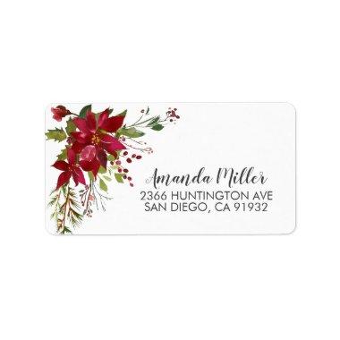 Watercolor Red Poinsettia Holly Return Address Label
