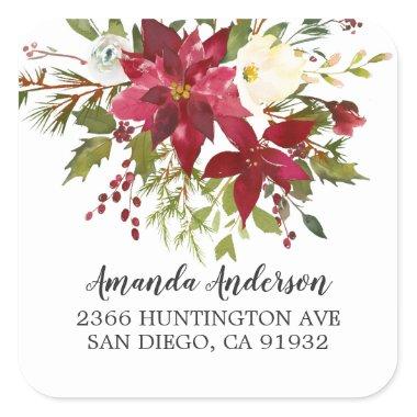 Watercolor Red Poinsettia Holly Return Address Square Sticker