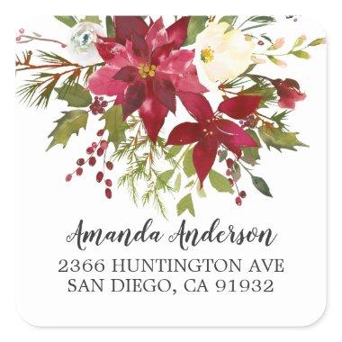 Watercolor Red Poinsettia Holly Return Address Square Sticker