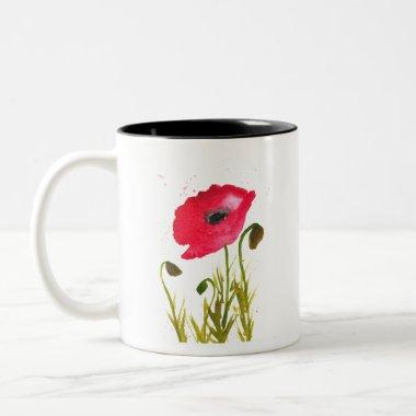 Watercolor red poppies flowers chic rustic Two-Tone coffee mug