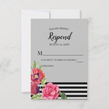 Watercolor Red Poppies Pink Rose Stripes Wedding RSVP Card