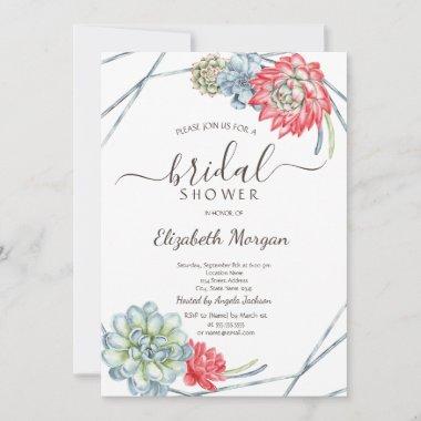 Watercolor Red Succulents Bridal Shower Invitations