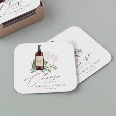 Watercolor Red Wine Botanical Cheers to Love Square Paper Coaster
