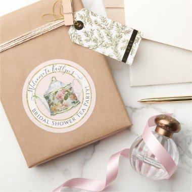 Watercolor Rose Floral Teapot Tea Bridal Shower Classic Round Sticker