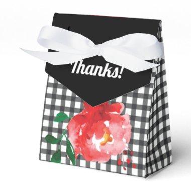 Watercolor Rose on Black White Check Tent Style Favor Boxes