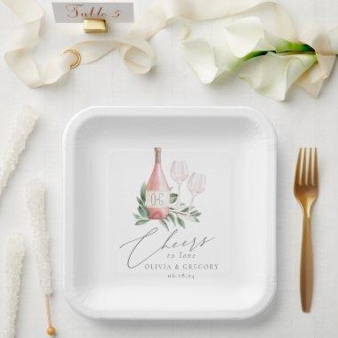 Watercolor Rose Wine Botanical Cheers to Love Paper Plates