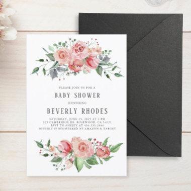 Watercolor Roses Baby Shower Invitations