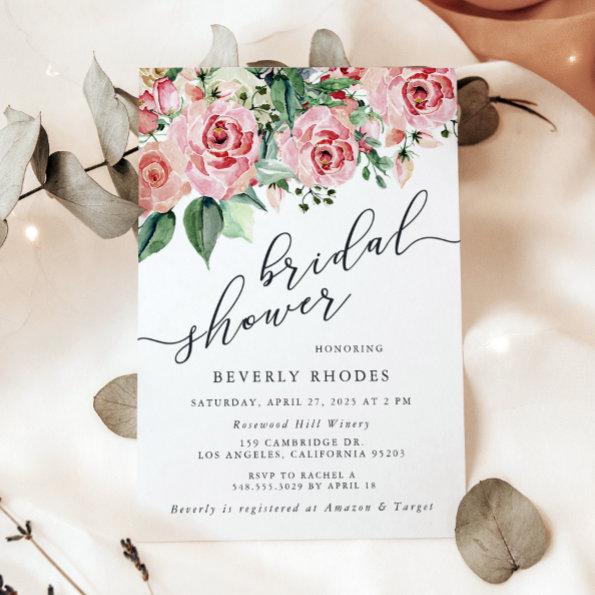 Watercolor Roses Bridal Shower Invitations