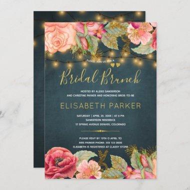 Watercolor roses calligraphy navy bridal brunch Invitations