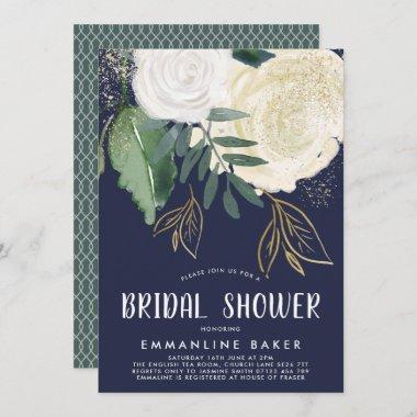 Watercolor Roses Cream and Navy Bridal Shower Invitations