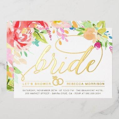 Watercolor Roses & Gold Diamond Ring Bridal Shower Foil Invitations