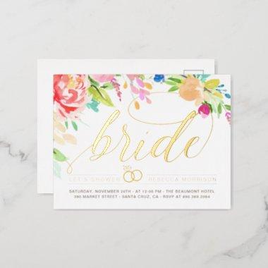 Watercolor Roses & Gold Diamond Ring Bridal Shower Foil Invitation PostInvitations