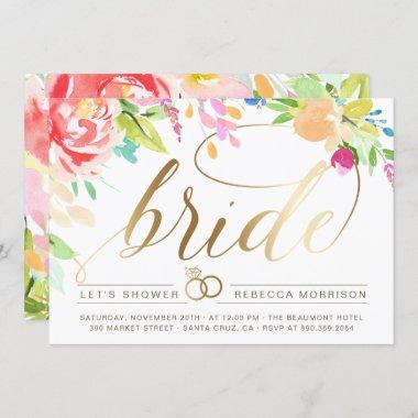 Watercolor Roses & Gold Diamond Ring Bridal Shower Invitations