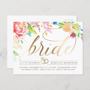 Watercolor Roses & Gold Diamond Ring Bridal Shower Invitation PostInvitations