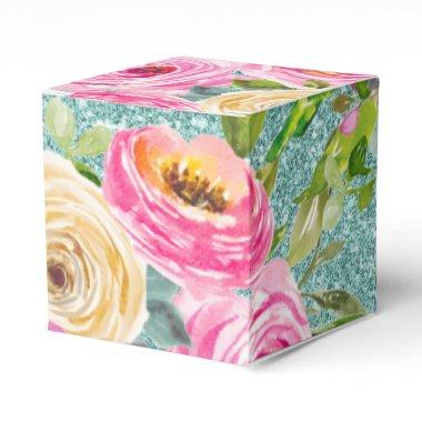 Watercolor Roses in Aqua Glitter Personalized Favor Boxes