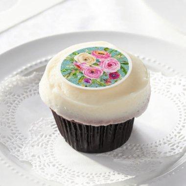 Watercolor Roses in Pink and Cream Aqua Glitter Edible Frosting Rounds
