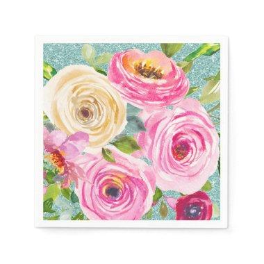 Watercolor Roses in Pink and Cream Aqua Glitter Napkins