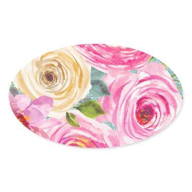 Watercolor Roses in Pink and Cream Aqua Glitter Oval Sticker