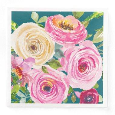 Watercolor Roses in Pink and Cream in Teal Paper Dinner Napkins