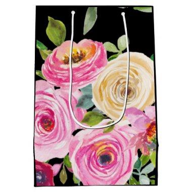 Watercolor Roses in Pink and Cream on Black Medium Gift Bag