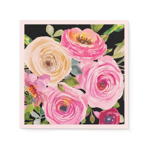 Watercolor Roses in Pink and Cream on Black Napkins