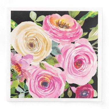 Watercolor Roses in Pink and Cream on Black Paper Dinner Napkins