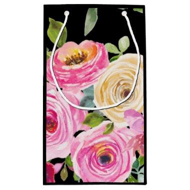 Watercolor Roses in Pink and Cream on Black Small Gift Bag