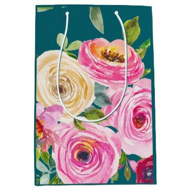 Watercolor Roses in Pink and Cream on Teal Medium Gift Bag