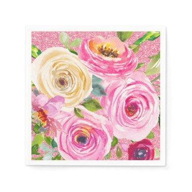 Watercolor Roses in Pink and Cream Pink Glitter Napkins