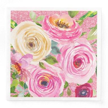 Watercolor Roses in Pink and Cream Pink Glitter Paper Dinner Napkins