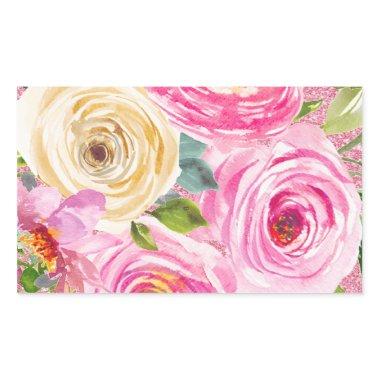 Watercolor Roses in Pink and Cream Pink Glitter Rectangular Sticker
