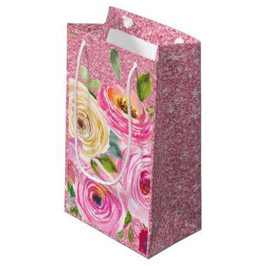 Watercolor Roses in Pink and Cream Pink Glitter Small Gift Bag
