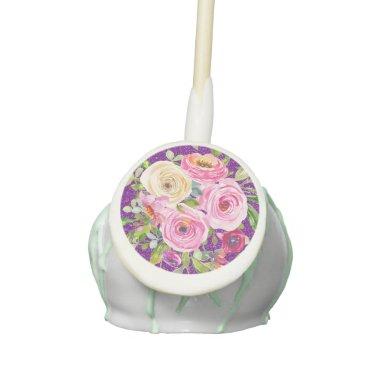 Watercolor Roses in Pink and Cream Purple Glitter Cake Pops