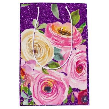 Watercolor Roses in Pink and Cream Purple Glitter Medium Gift Bag