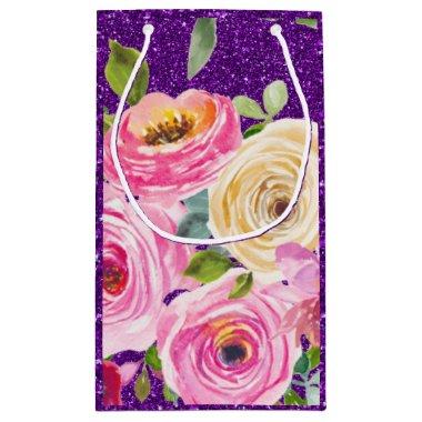 Watercolor Roses in Pink and Cream Purple Glitter Small Gift Bag