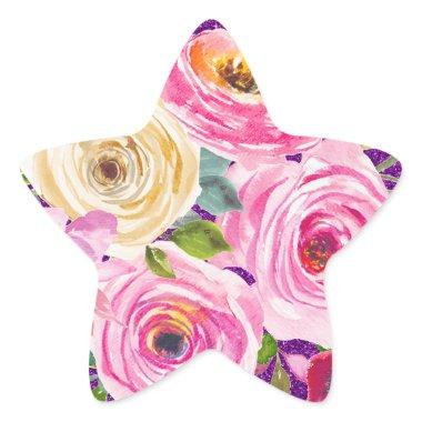 Watercolor Roses in Pink and Cream Purple Glitter Star Sticker