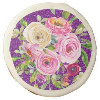 Watercolor Roses in Pink and Cream Purple Glitter Sugar Cookie