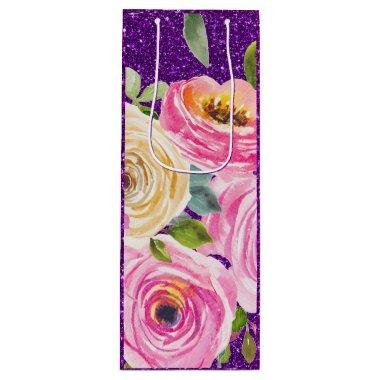 Watercolor Roses in Pink and Cream Purple Glitter Wine Gift Bag