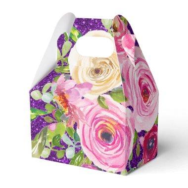 Watercolor Roses in Pink on Purple Glitter Favor Boxes