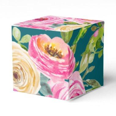 Watercolor Roses in Pink on Teal Personalized Favor Boxes