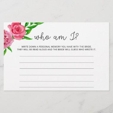 Watercolor roses Who am I bridal shower game Stationery
