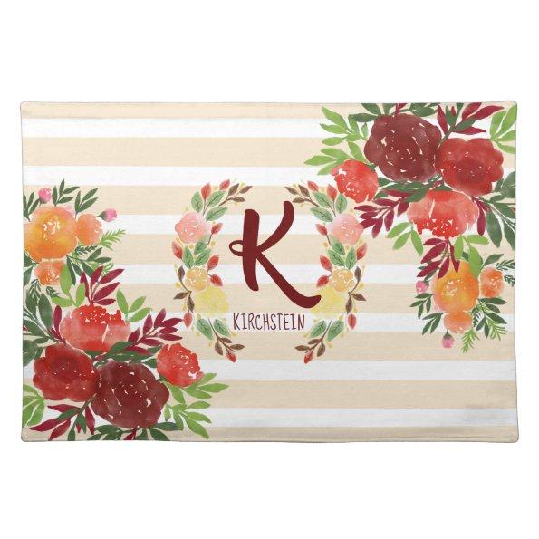Watercolor Roses Wreath Champagne Stripes Monogram Cloth Placemat